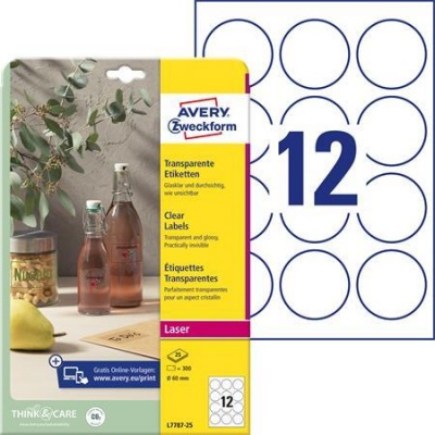 Etikett, 60 mm, kör, poliészter, AVERY ZWECKFORM, átlátszó, 300 etikett/csomag