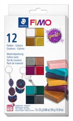 Gyurma, készlet, 12x25 g, égethető, FIMO "Effect Colours", 12 különböző csillámos szín